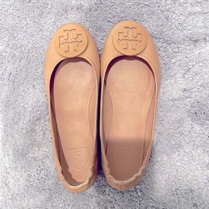 Tory Burch Minnie Leather Logo Travel Ballerina Flats - Tan Color - Size 6.5